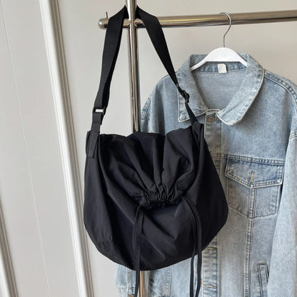 Women Drawstring Shoulder Bag Solid Color Sling Adjustable Strap Lightweight Shopping Girls Outdoor