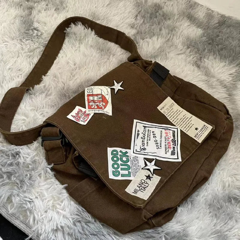 Y2K Canvas Messenger Bag – Punk Patchwork Star Crossbody Bag