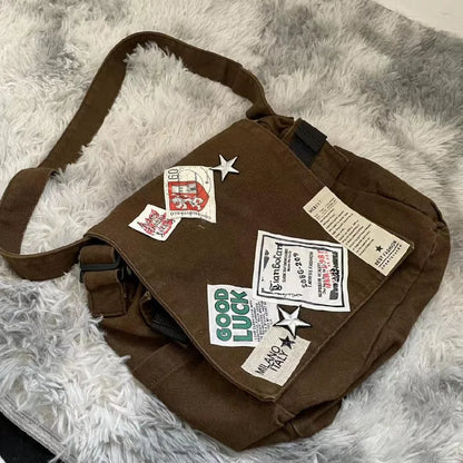 Y2K Canvas Messenger Bag – Punk Patchwork Star Crossbody Bag