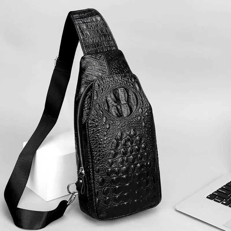 Men S Leather Chest Bag Head Layer Shoulder Oblique Cross Alligator Grain Large Capacity