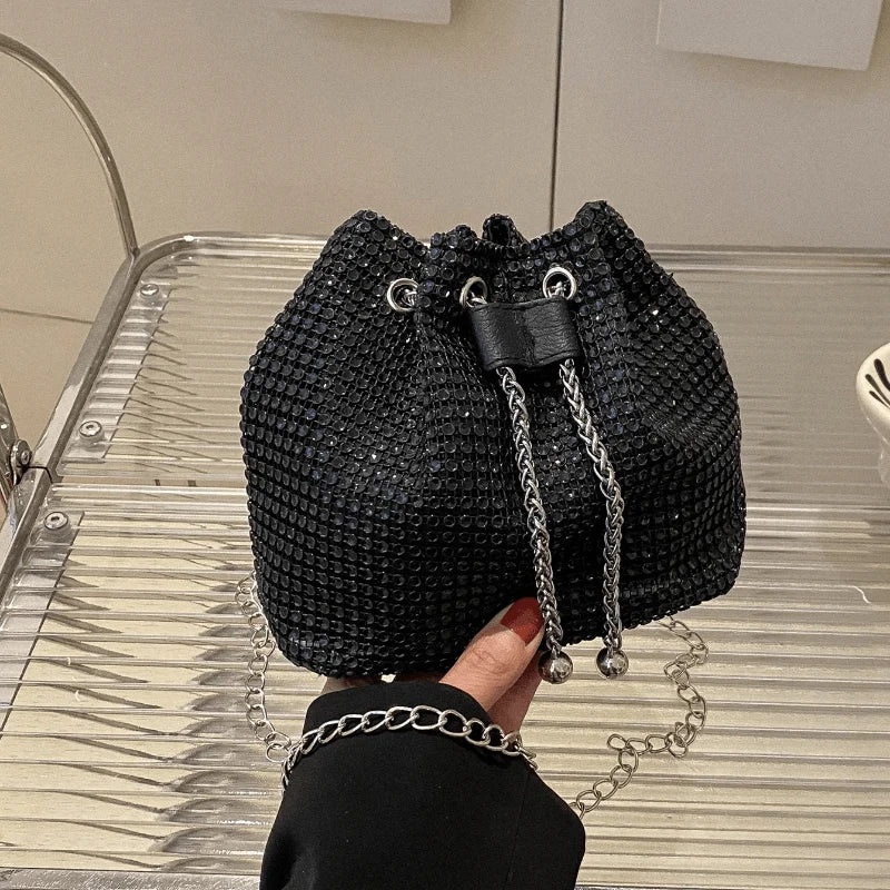 Gold Rhinestone Large Capacity Tote Bag Sparkly Drawstring Crossbody Purse Gold Chain Strap Party