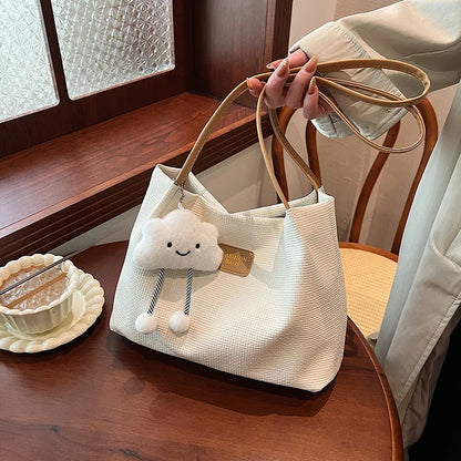 Textured Tote Bag with Plush Cloud Charm – Large Shoulder Bag