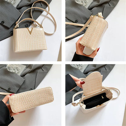 Mini Croc-Embossed PU Leather Handbag with V-Lock
