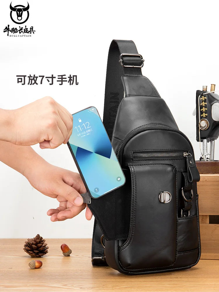 Men S Genuine Leather Chest Bag Soft Top Layer Cowhide Lock Mobile Phone Storage Chain