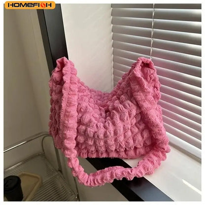 Homefish Crossbody Bag Pleated Design Embroidered Plaid Shoulder Underarm Bags Simple Large Capacity