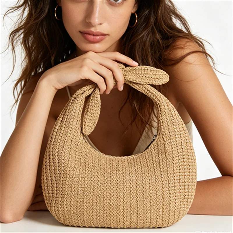 Crescent Tote Bag Cute Bow Knot Straw Woven Handbag Wrist Bag Daily Travel Holiday
