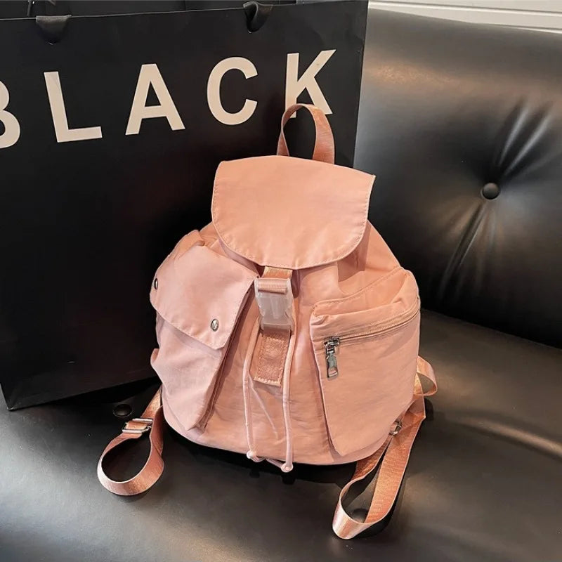 Mini Drawstring Flap Backpack Water-Resistant for Women