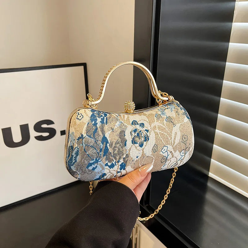 Floral Tapestry Box Clutch Bag with Gold-Tone Hardware & Detachable Chain