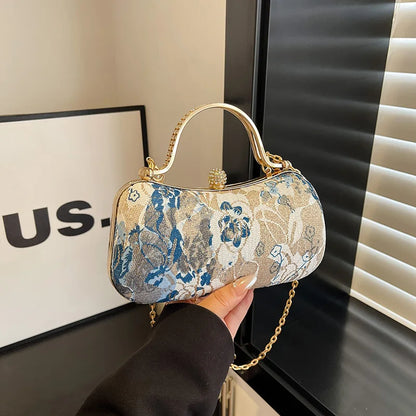 Floral Tapestry Box Clutch Bag with Gold-Tone Hardware & Detachable Chain