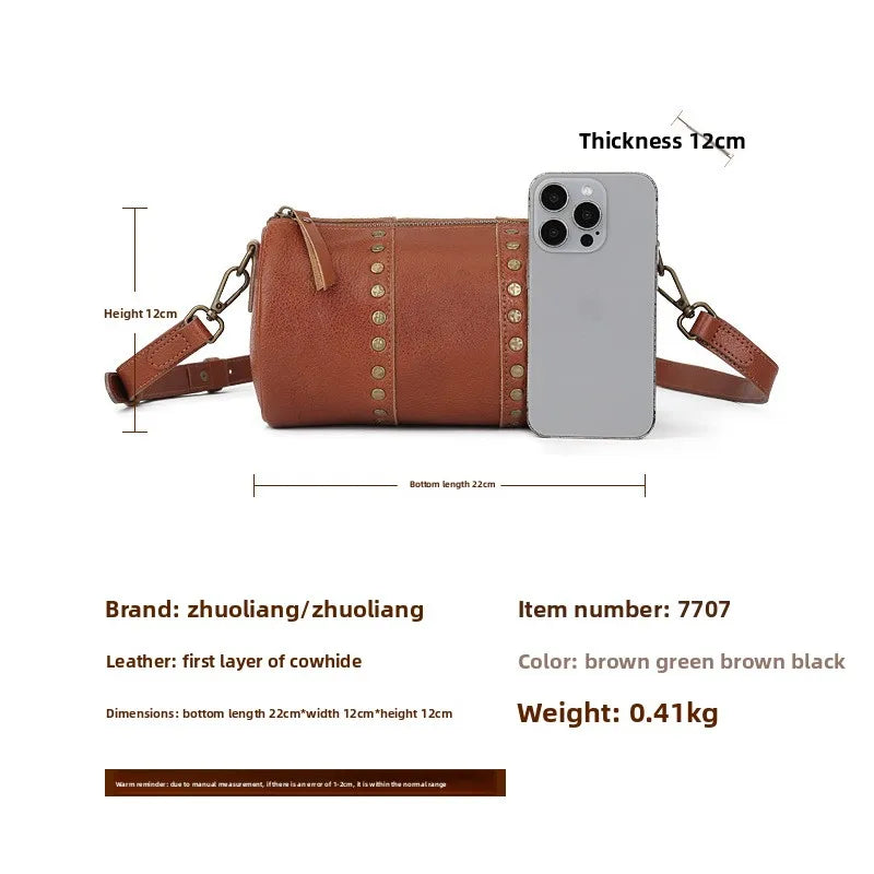 Genuine Rivet Cylinder Bag Vintage Vegetated Tanned Head Layer Cofskin One Shoulder Diagonal Span