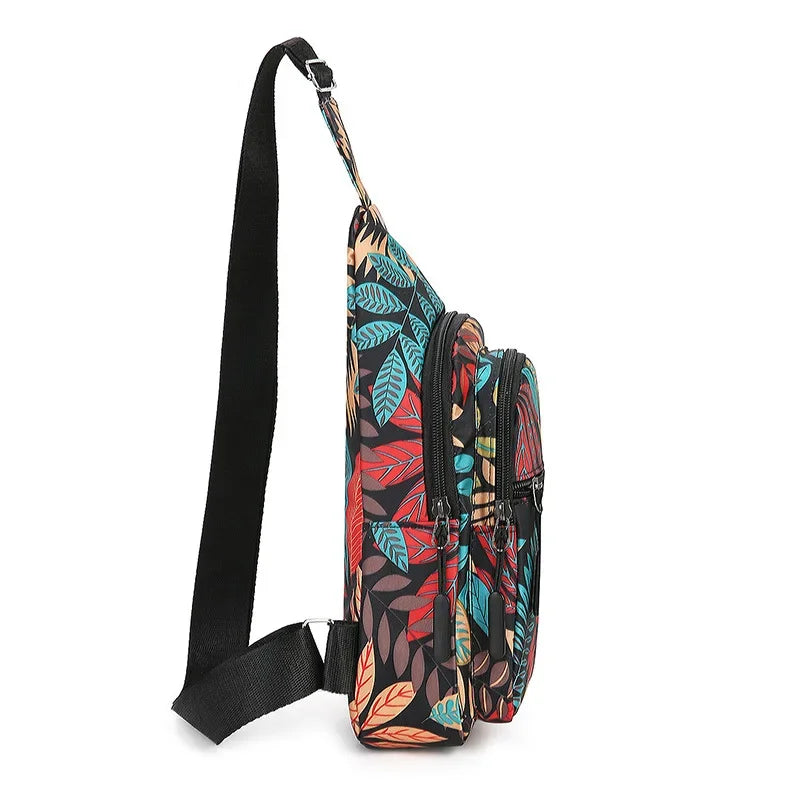 Leaf Print Nylon Sling Bag Crossbody Chest Bag for Women