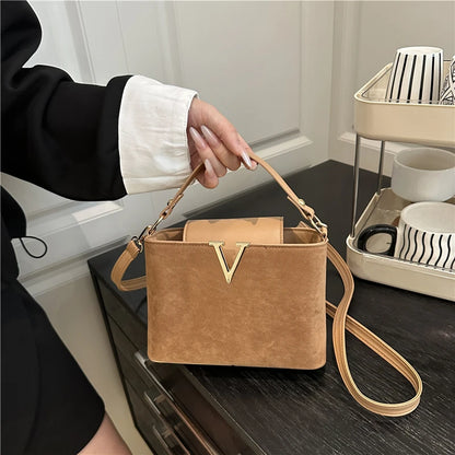 Mini Faux Suede Handbag for Women – Crossbody Bag with Gold V Clasp