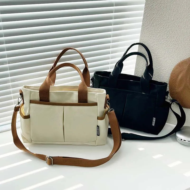 Canvas Tote Bag with Crossbody Strap & Multi-Pocket