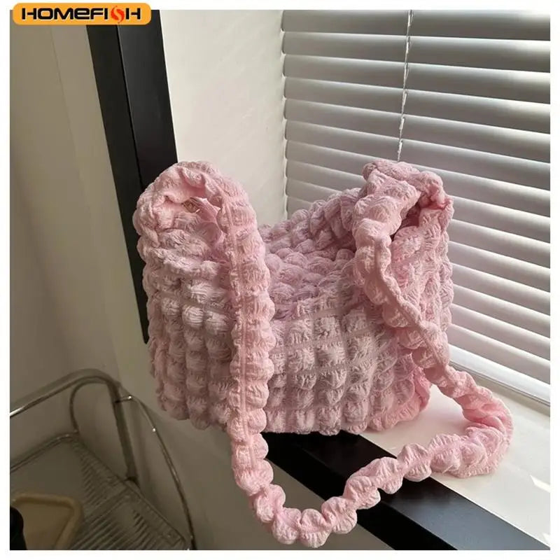 Homefish Crossbody Bag Pleated Design Embroidered Plaid Shoulder Underarm Bags Simple Large Capacity