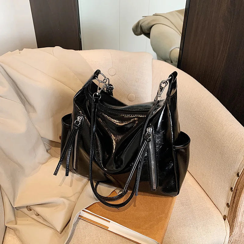 PU Leather Shoulder Bag with Side Pockets & Removable Charm