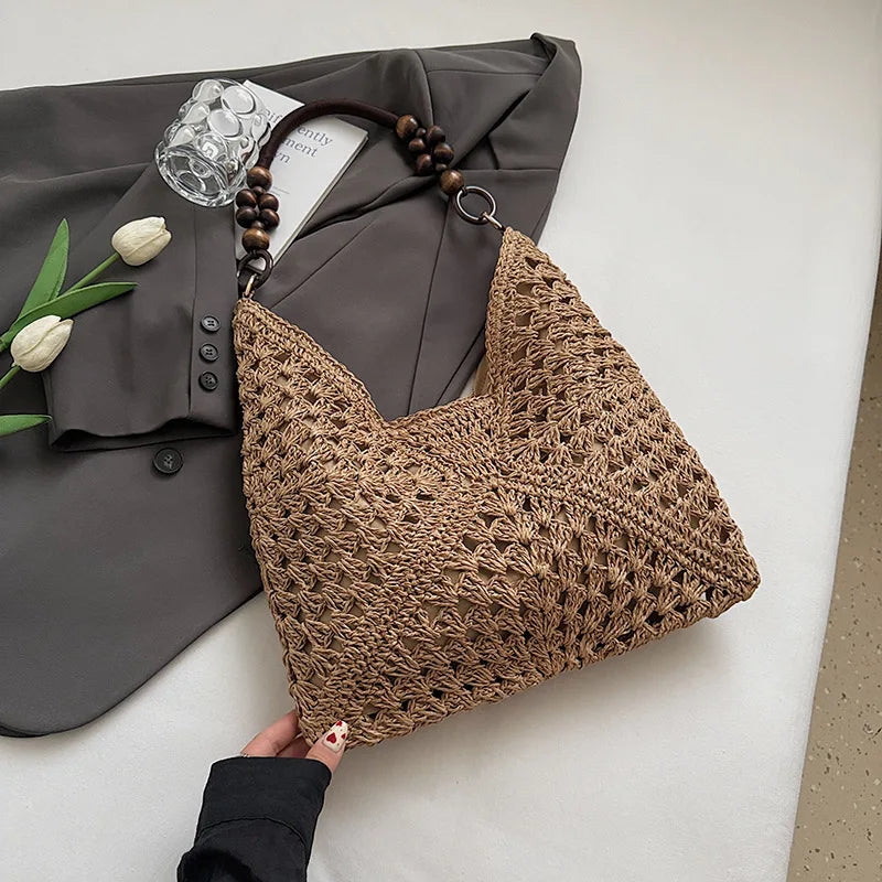 Crochet Woven Tote Bag – Wooden Bead Handle & Large Capacity
