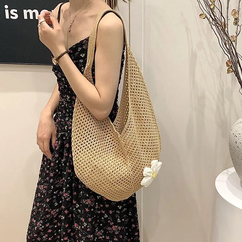 Summer Beach Tote Shoulder Bag Straw Weav Handbag Large Capacity Vacation Weaving Hollow Bags Women