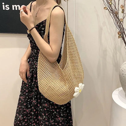 Summer Beach Tote Shoulder Bag Straw Weav Handbag Large Capacity Vacation Weaving Hollow Bags Women