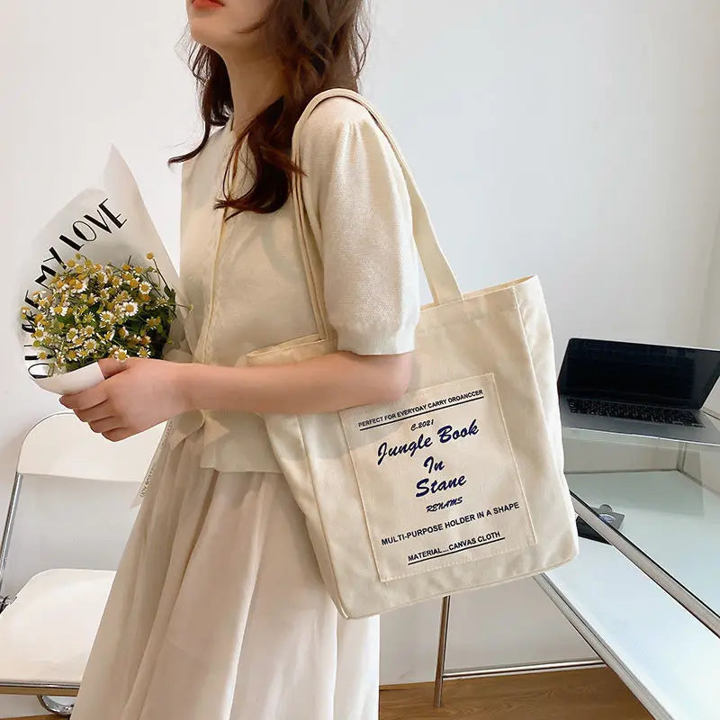 Canvas Tote Bag with Book Print – Large Capacity Women's Shoulder Bag
