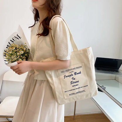 Canvas Tote Bag with Book Print – Large Capacity Women's Shoulder Bag