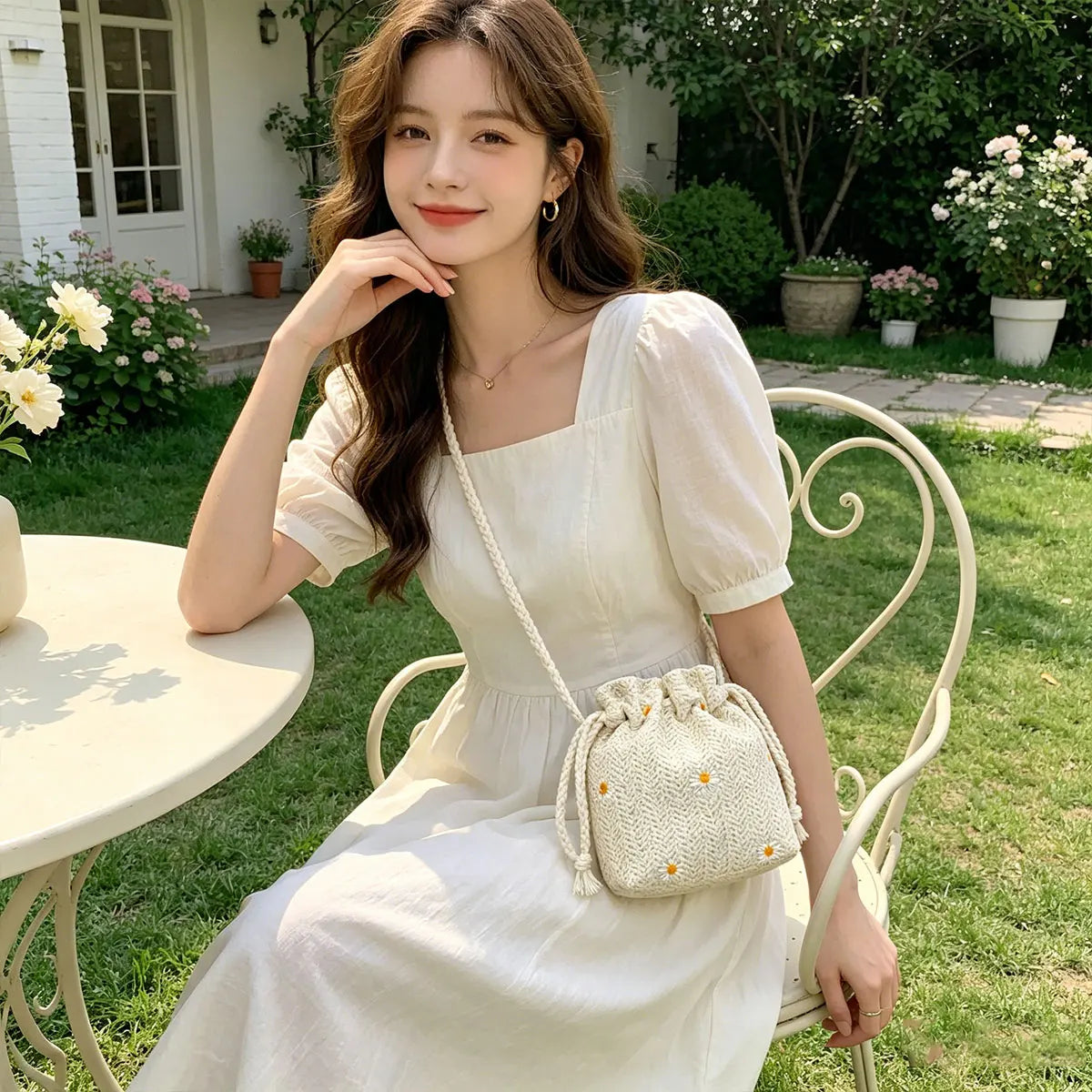 Premium Beach Grass Woven Mini Bucket Bag Pulling Rope Design Single Shoulder Crossbody Casual