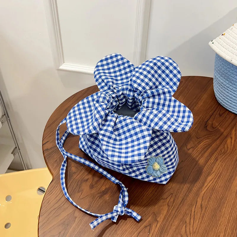 Red White Gingham Floral Crossbody Bag Petal Drawstring - Soft
