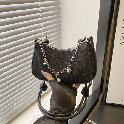 Glitter Half Moon Shoulder Bag with Pearl Chain Strap
