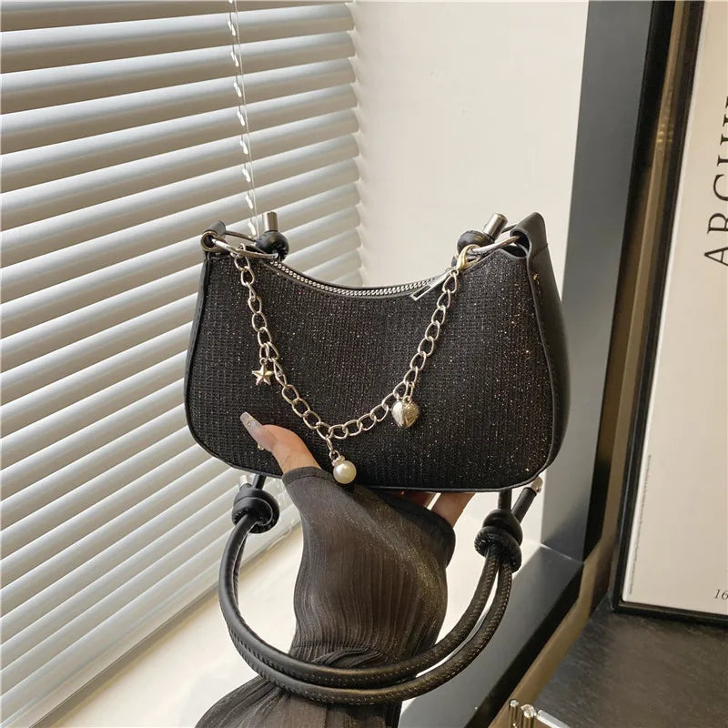 Sparkly Half Moon Underarm Bag with Chain & Pearl Charm