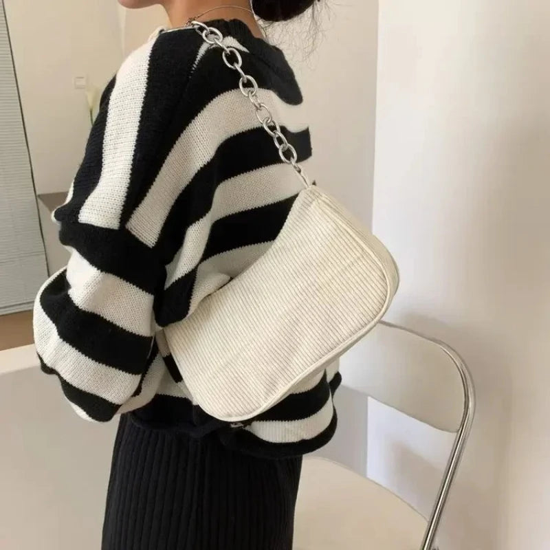 Minimalist Corduroy Versatile Bag Chain Accent Underarm Bag Zipper Closure Casual Shoulder Purse
