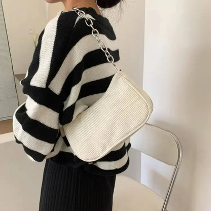 Minimalist Corduroy Versatile Bag Chain Accent Underarm Bag Zipper Closure Casual Shoulder Purse