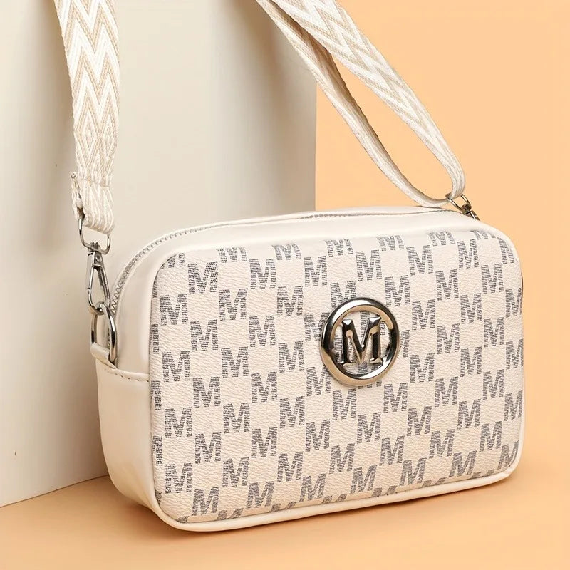 Women's PU Leather Crossbody Bag with M Logo Badge & Wide Strap