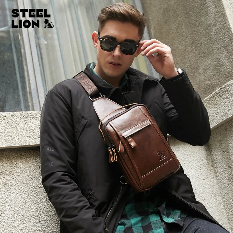 Men S Cowhide Chest Bag Retro Oil-Wax Leather Casual Chest Bag Large-Capacity Vertical