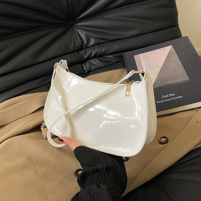 Stylish Casual Women S Underarm Bag Glossy Pu Shoulder Lightweight Solid Color Handbag Outings