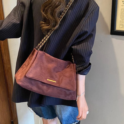 Suede Flap Crossbody Bag – Gold Bar Accent Double Chain Shoulder Purse