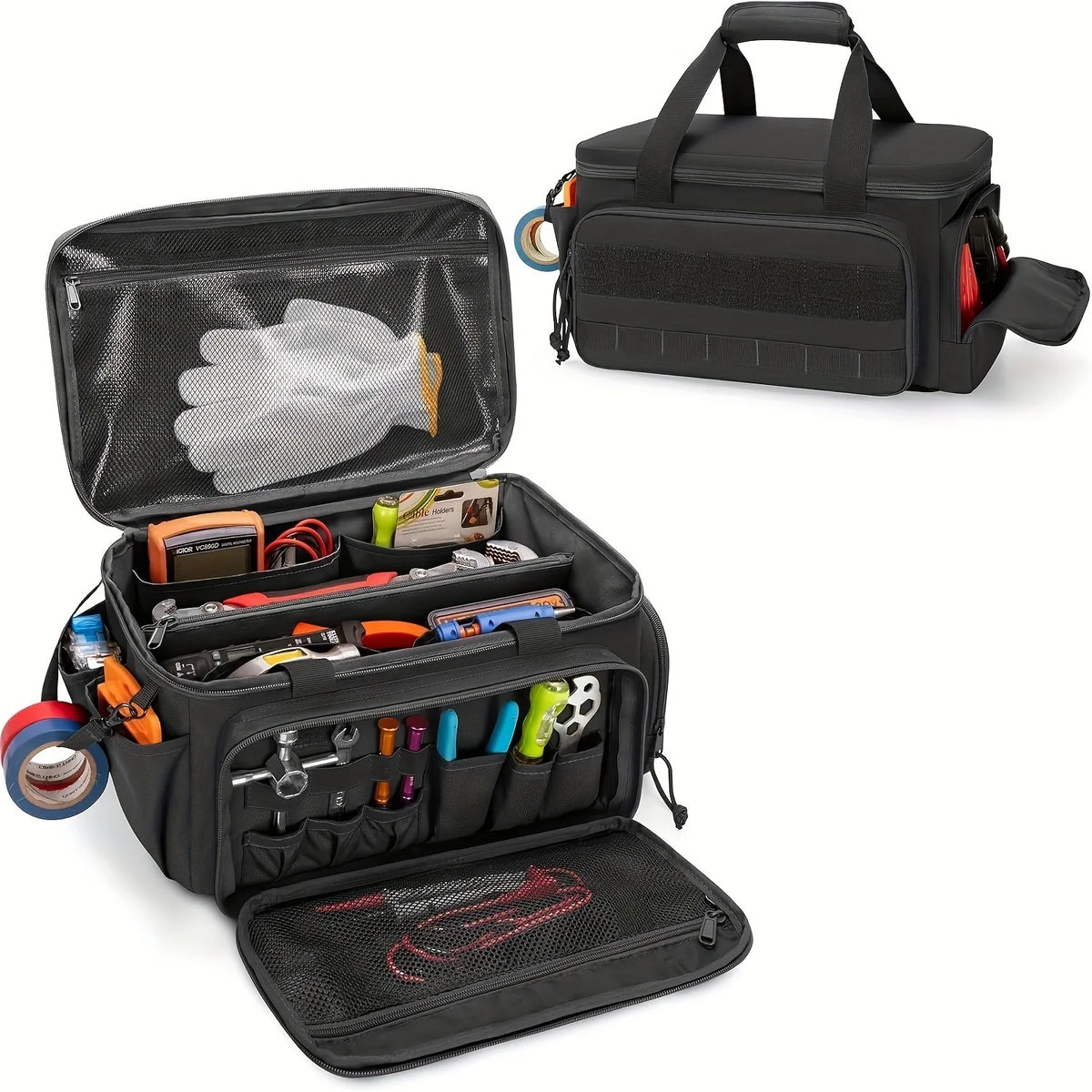 14-Inch Black Wear-Resistant Canvas Tool Bag Multiple Pockets Compartments