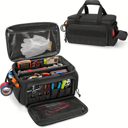 14-Inch Black Wear-Resistant Canvas Tool Bag Multiple Pockets Compartments