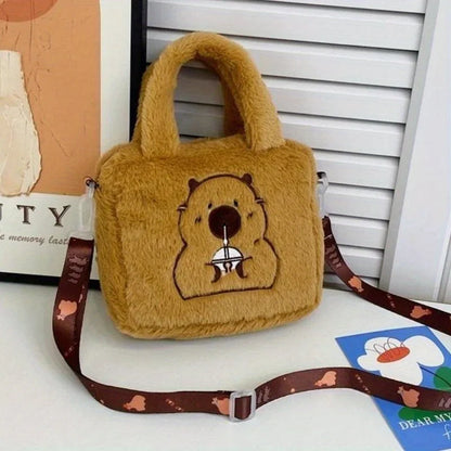Capybara Plush Crossbody Bag – Cute Fluffy Animal Handbag for Women