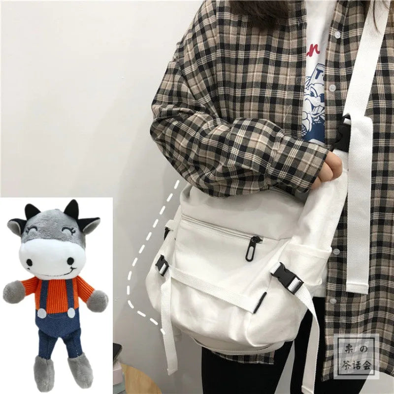 Canvas Crossbody Bag with Plush Pendant – Large Capacity Women's Shoulder Bag