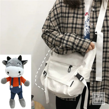 Canvas Crossbody Bag with Plush Pendant – Large Capacity Women's Shoulder Bag