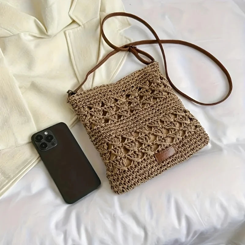 Handmade Paper Straw Crossbody Bag with Zipper & Leather Strap