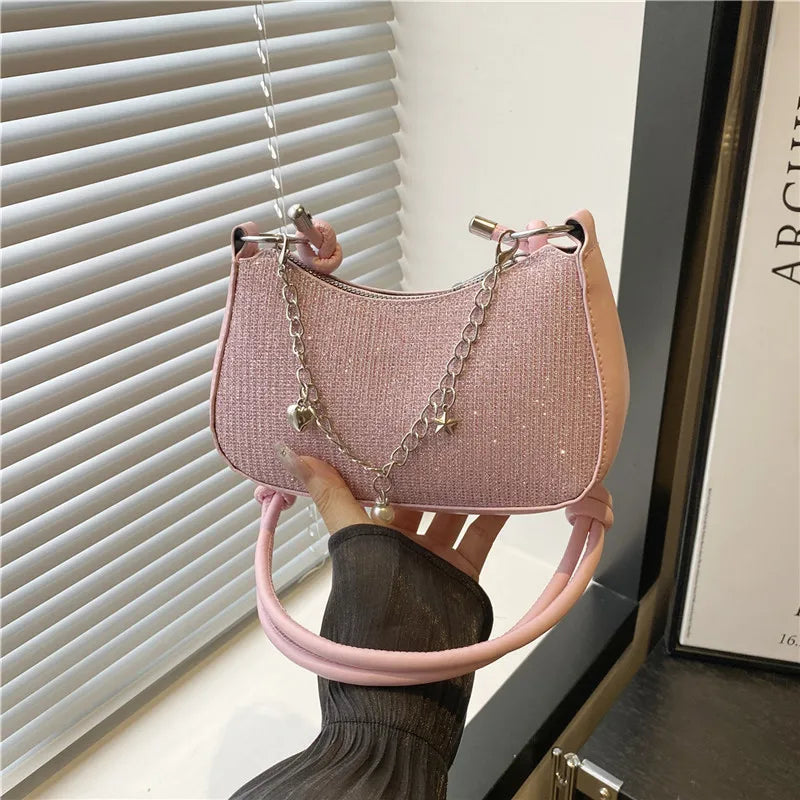 Glitter Half Moon Shoulder Bag with Pearl Chain Strap