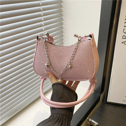 Sparkly Half Moon Underarm Bag with Chain & Pearl Charm