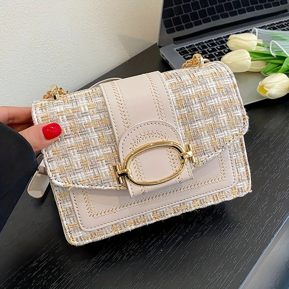 Chic Mini Plaid Tweed Crossbody Bag Adjustable Strap