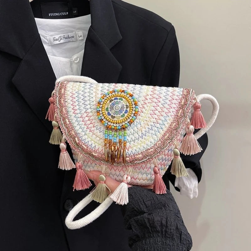Bohemian Woven Crossbody Bag with Colorful Bead & Tassel