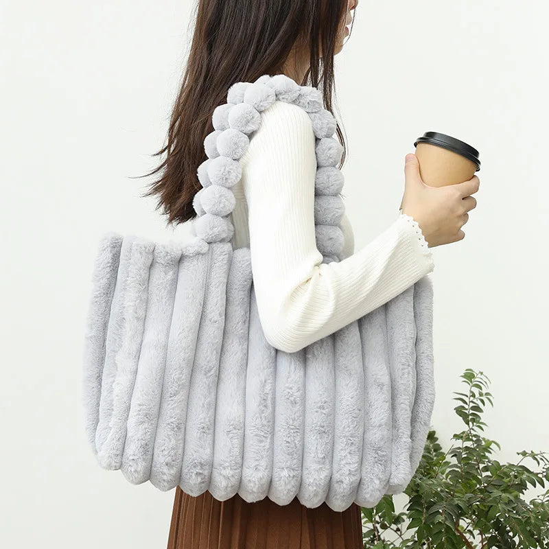 Large Capacity Plush Tote Bag Stiped Faux Fur Shoulder Bag - Soft