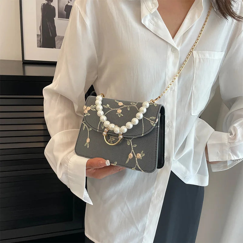 Pearl Chain Floral Embroidered Mini Shoulder Bag