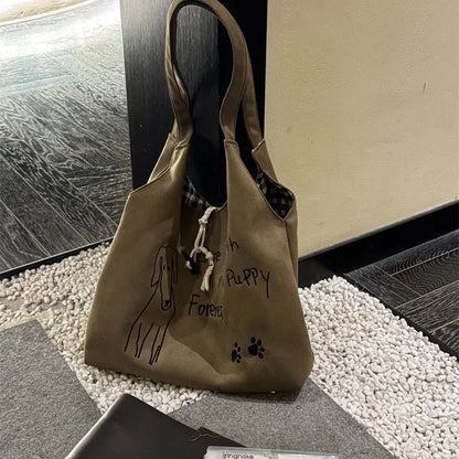Cute Puppy Print Canvas Tote Bag – Large Capacity Shoulder Bag