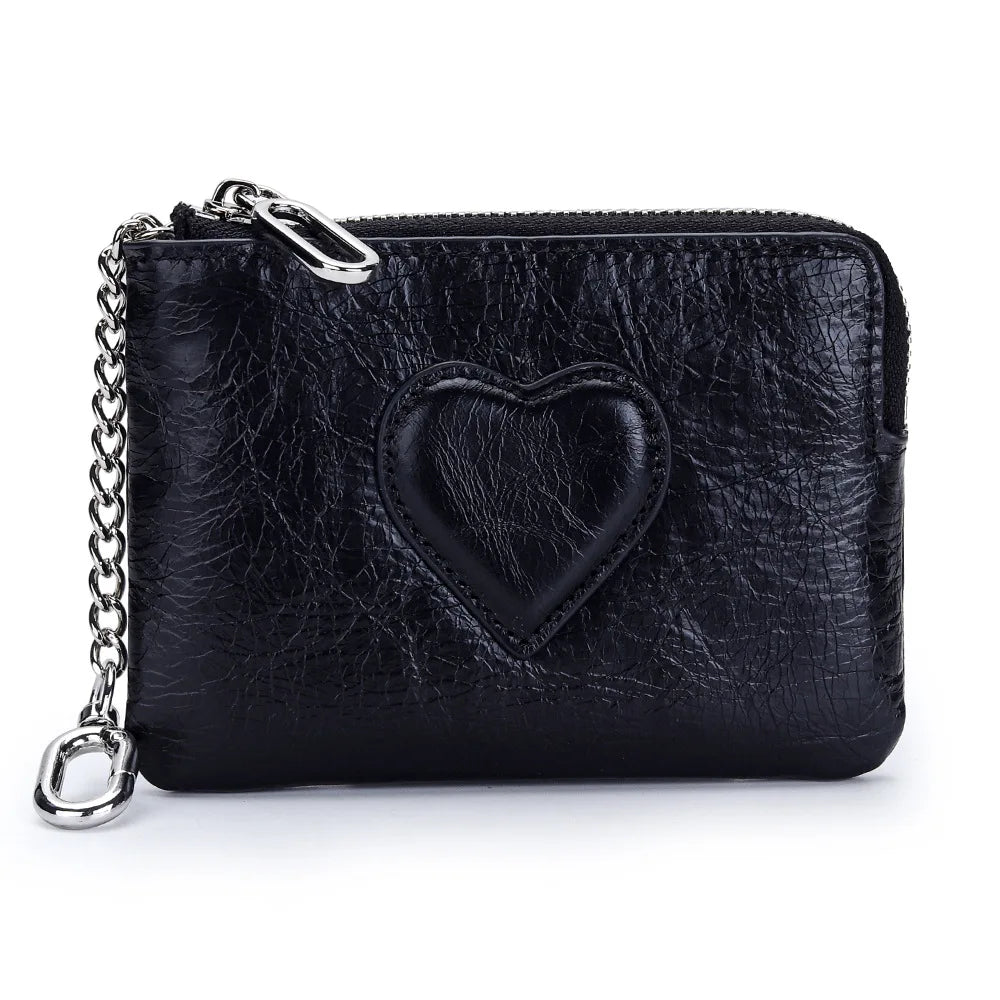 Oil-Wax Cowhide Small Lady S Heart Coin Purse Card