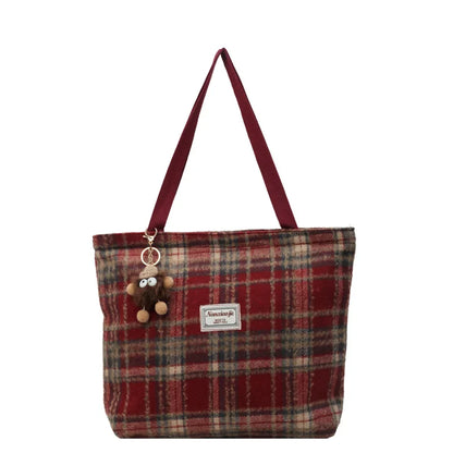 Plaid Wool Tote Bag – Spacious Vintage Shoulder Handbag