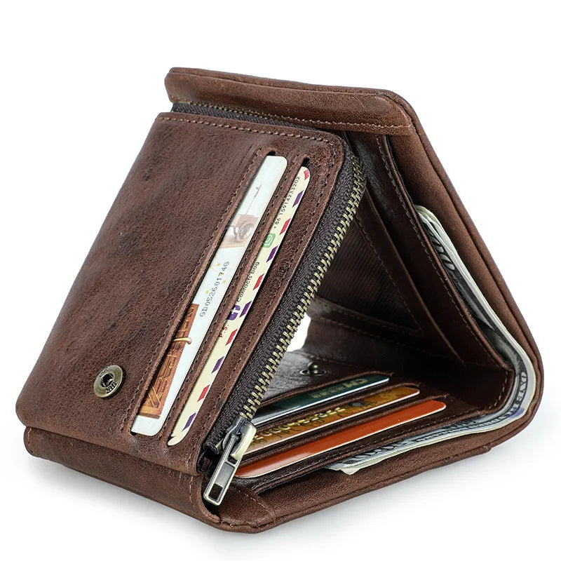 Rfid Anti-Theft Brush Full Grain Cowhide Three Fold Men S Wallet Horizontal Multi-Card Leather
